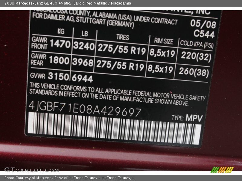 2008 GL 450 4Matic Barolo Red Metallic Color Code 544