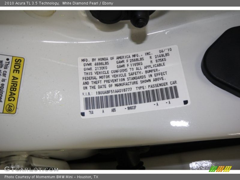 White Diamond Pearl / Ebony 2010 Acura TL 3.5 Technology