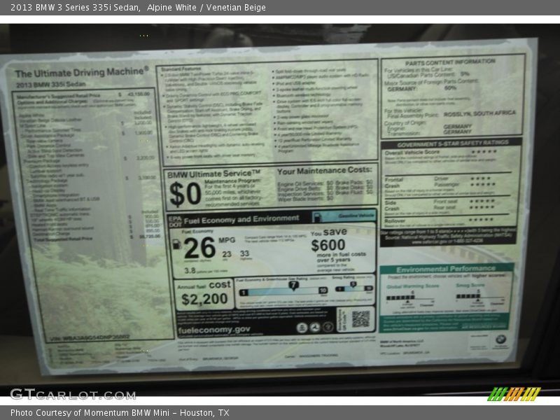  2013 3 Series 335i Sedan Window Sticker