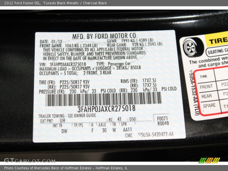Tuxedo Black Metallic / Charcoal Black 2012 Ford Fusion SEL