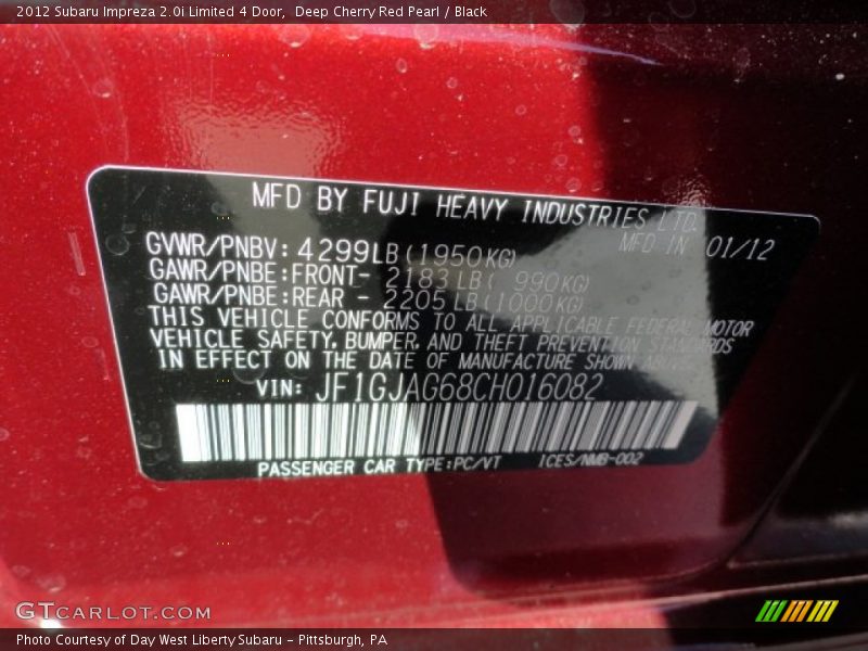 Deep Cherry Red Pearl / Black 2012 Subaru Impreza 2.0i Limited 4 Door