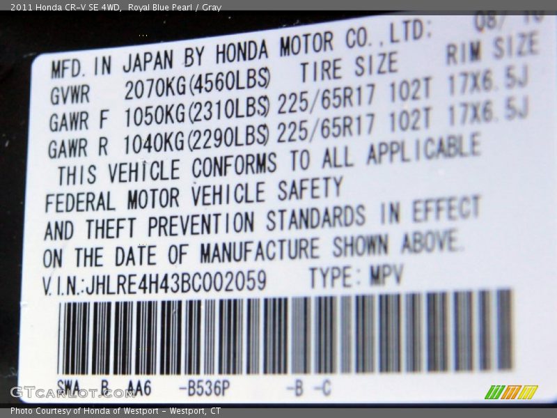 Royal Blue Pearl / Gray 2011 Honda CR-V SE 4WD