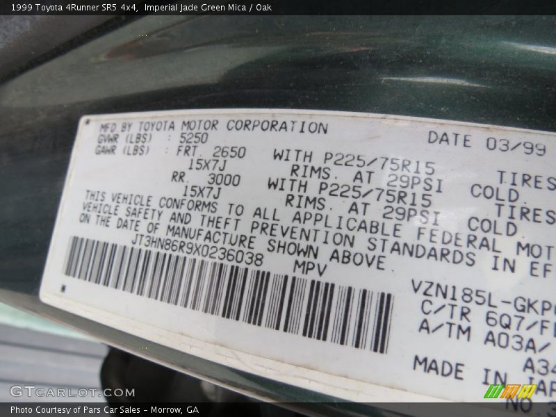1999 4Runner SR5 4x4 Imperial Jade Green Mica Color Code 6Q7
