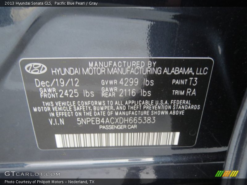 Pacific Blue Pearl / Gray 2013 Hyundai Sonata GLS