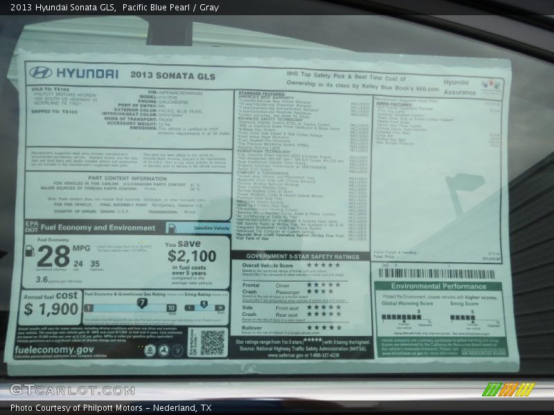 Pacific Blue Pearl / Gray 2013 Hyundai Sonata GLS