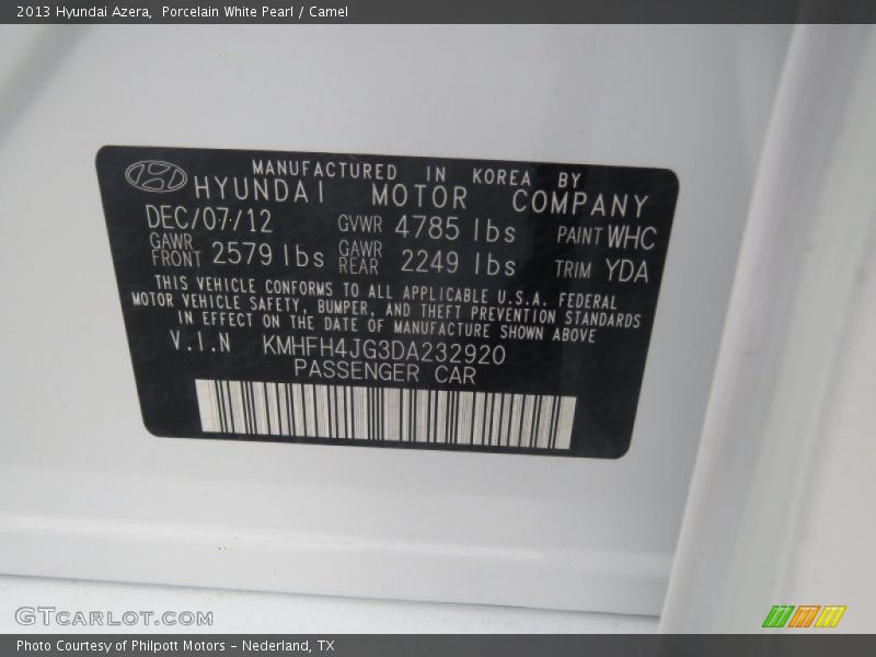 Porcelain White Pearl / Camel 2013 Hyundai Azera