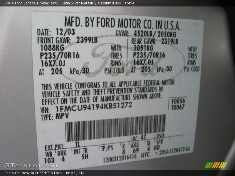 Satin Silver Metallic / Medium/Dark Pebble 2004 Ford Escape Limited 4WD