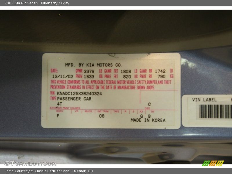 2003 Rio Sedan Blueberry Color Code 4T