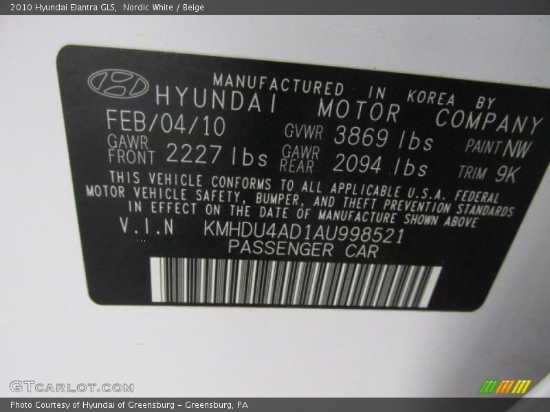 Nordic White / Beige 2010 Hyundai Elantra GLS