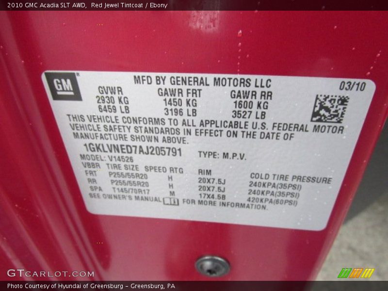 Red Jewel Tintcoat / Ebony 2010 GMC Acadia SLT AWD