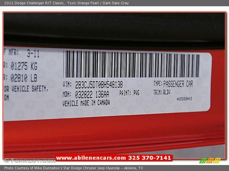 Toxic Orange Pearl / Dark Slate Gray 2011 Dodge Challenger R/T Classic
