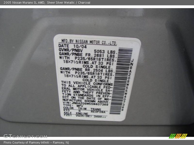 Sheer Silver Metallic / Charcoal 2005 Nissan Murano SL AWD