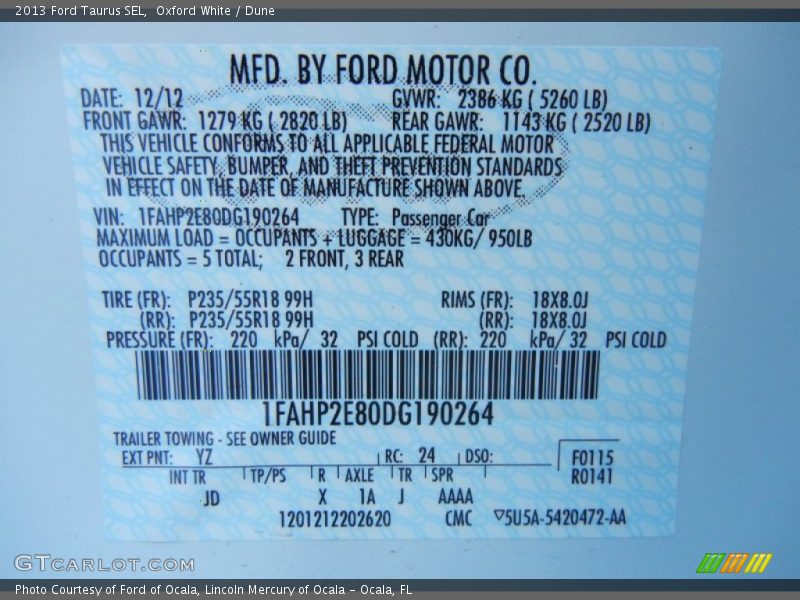 Oxford White / Dune 2013 Ford Taurus SEL
