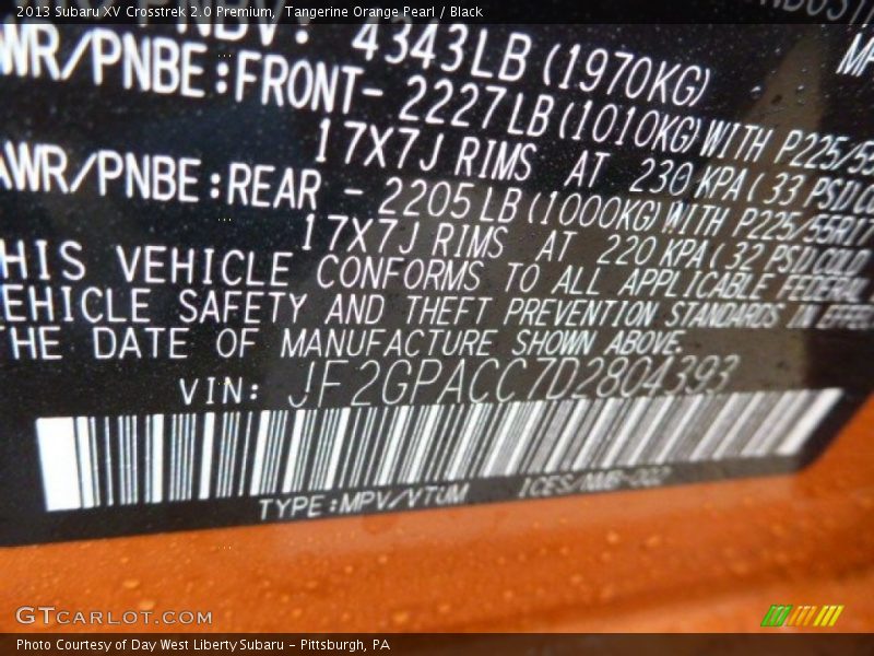 Tangerine Orange Pearl / Black 2013 Subaru XV Crosstrek 2.0 Premium