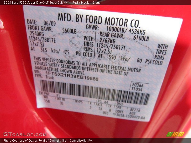 2009 F250 Super Duty XLT SuperCab 4x4 Red Color Code F1