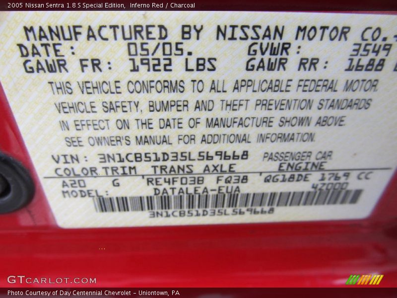 Inferno Red / Charcoal 2005 Nissan Sentra 1.8 S Special Edition