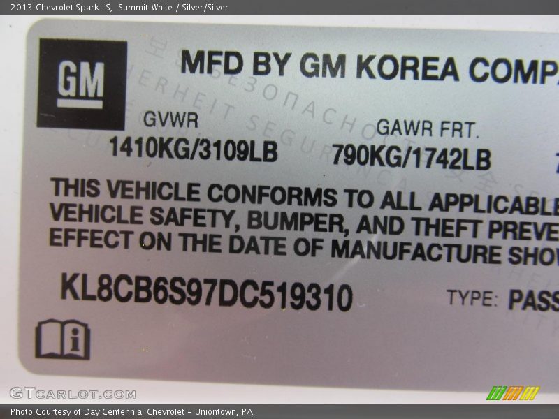 Summit White / Silver/Silver 2013 Chevrolet Spark LS