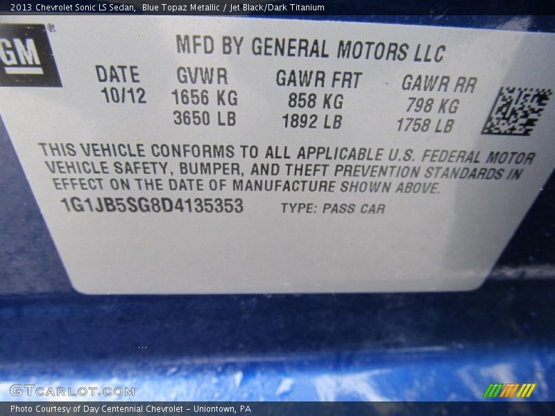 Blue Topaz Metallic / Jet Black/Dark Titanium 2013 Chevrolet Sonic LS Sedan