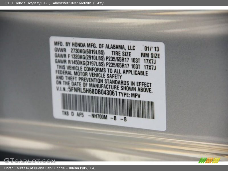 Alabaster Silver Metallic / Gray 2013 Honda Odyssey EX-L
