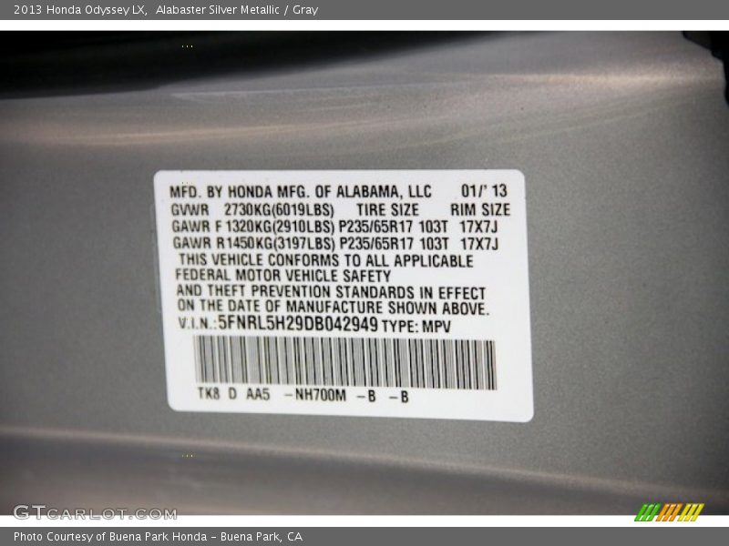 Alabaster Silver Metallic / Gray 2013 Honda Odyssey LX
