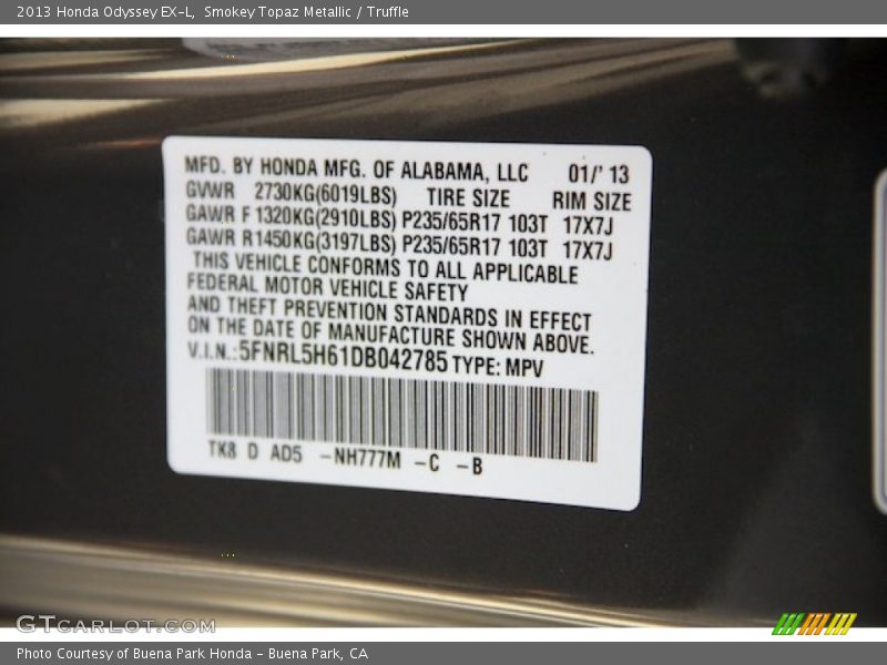 Smokey Topaz Metallic / Truffle 2013 Honda Odyssey EX-L