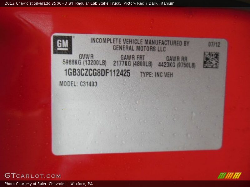 Victory Red / Dark Titanium 2013 Chevrolet Silverado 3500HD WT Regular Cab Stake Truck