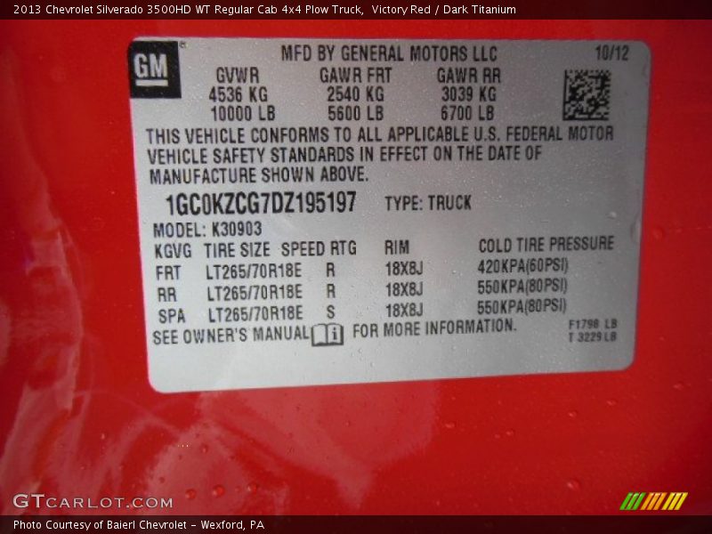Info Tag of 2013 Silverado 3500HD WT Regular Cab 4x4 Plow Truck