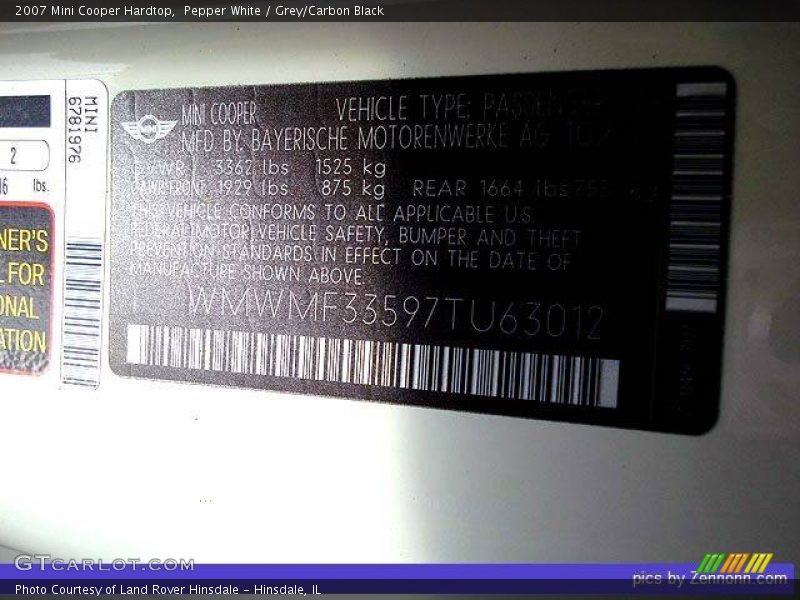 Pepper White / Grey/Carbon Black 2007 Mini Cooper Hardtop