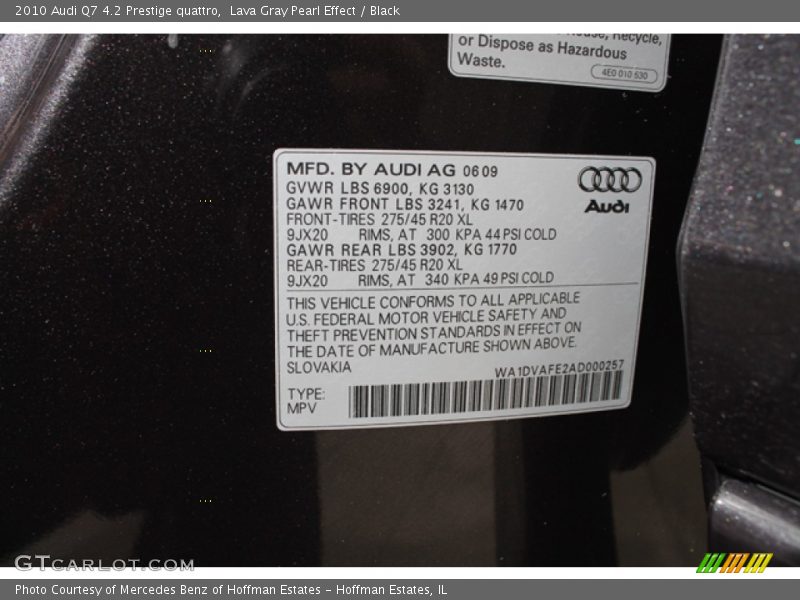 Info Tag of 2010 Q7 4.2 Prestige quattro