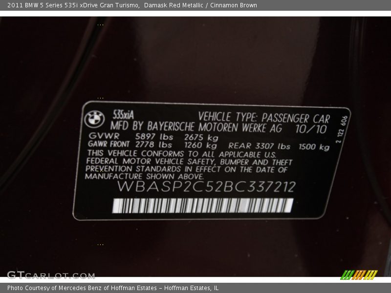 Damask Red Metallic / Cinnamon Brown 2011 BMW 5 Series 535i xDrive Gran Turismo