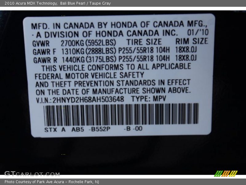 Bali Blue Pearl / Taupe Gray 2010 Acura MDX Technology