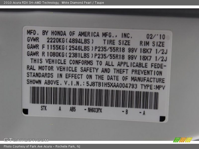 White Diamond Pearl / Taupe 2010 Acura RDX SH-AWD Technology