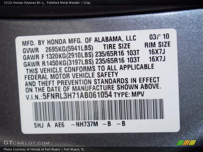 Polished Metal Metallic / Gray 2010 Honda Odyssey EX-L