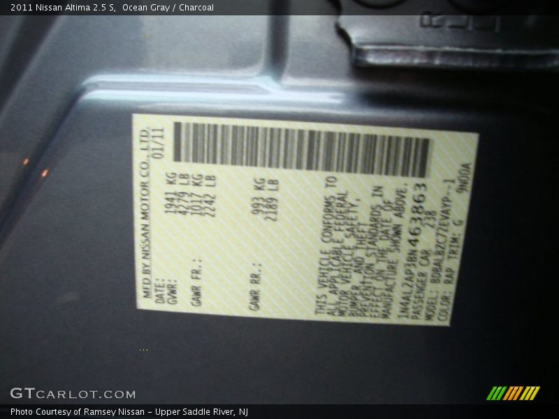 Ocean Gray / Charcoal 2011 Nissan Altima 2.5 S