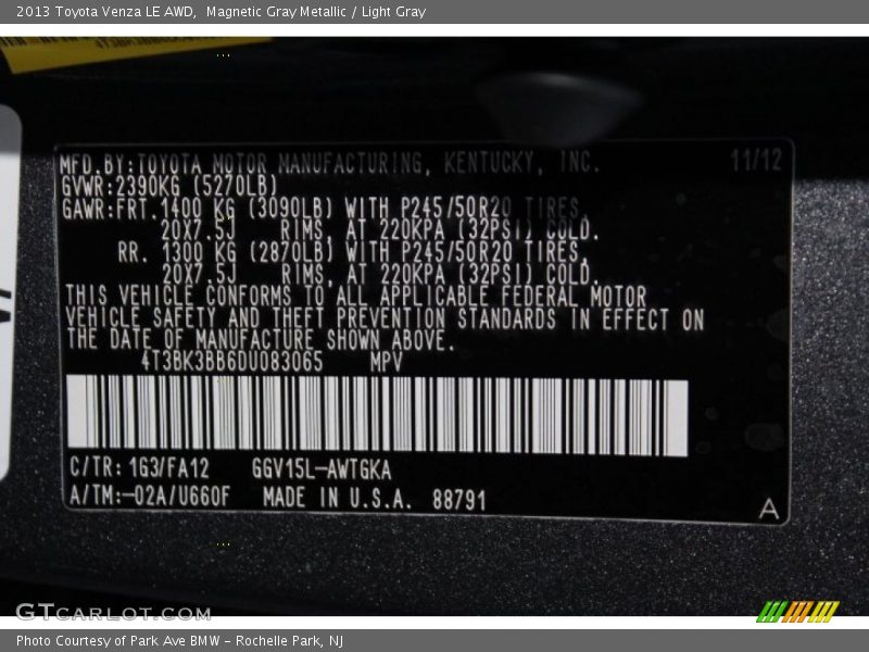 Magnetic Gray Metallic / Light Gray 2013 Toyota Venza LE AWD
