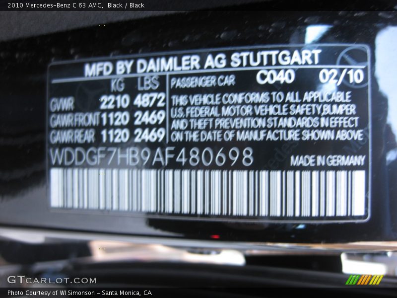 Black / Black 2010 Mercedes-Benz C 63 AMG