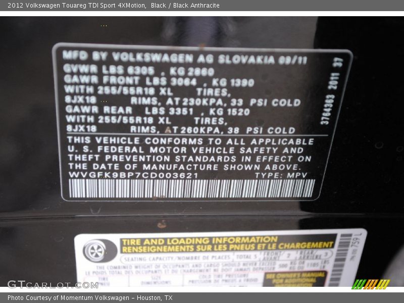 Black / Black Anthracite 2012 Volkswagen Touareg TDI Sport 4XMotion