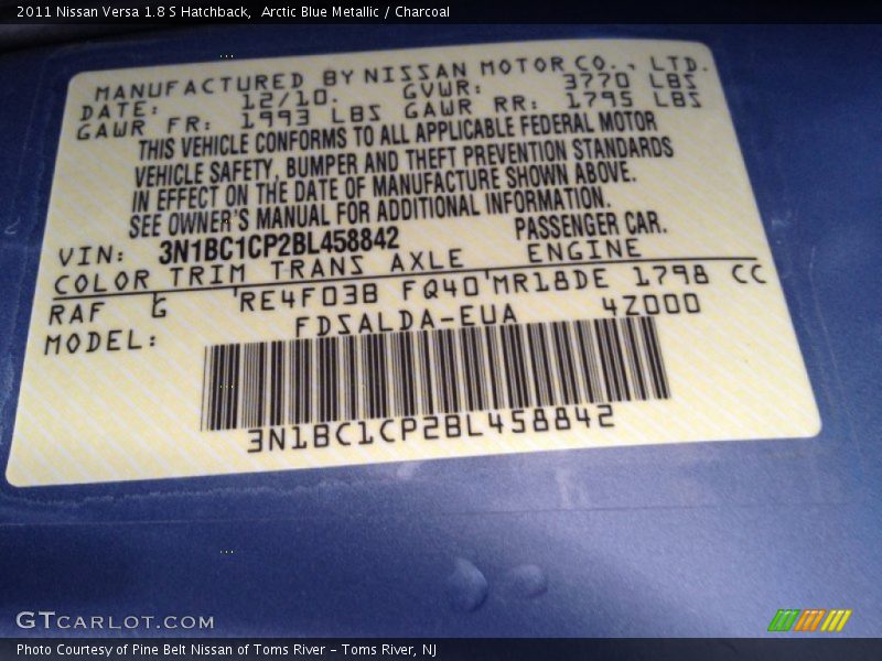 Arctic Blue Metallic / Charcoal 2011 Nissan Versa 1.8 S Hatchback