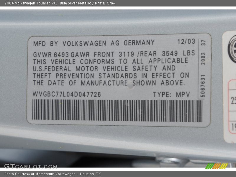 Blue Silver Metallic / Kristal Gray 2004 Volkswagen Touareg V6