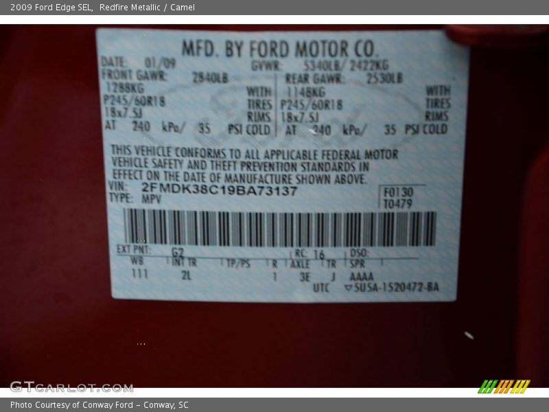 2009 Edge SEL Redfire Metallic Color Code G2