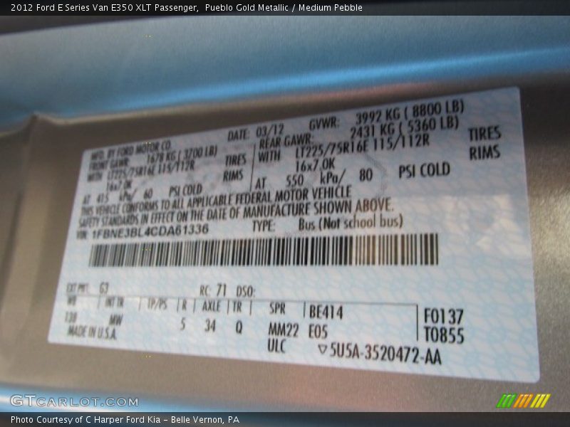 Pueblo Gold Metallic / Medium Pebble 2012 Ford E Series Van E350 XLT Passenger