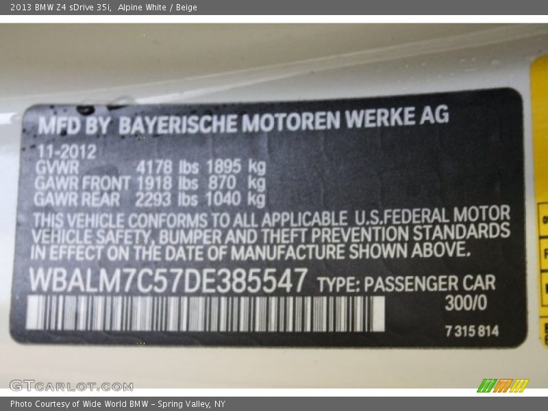 2013 Z4 sDrive 35i Alpine White Color Code 300
