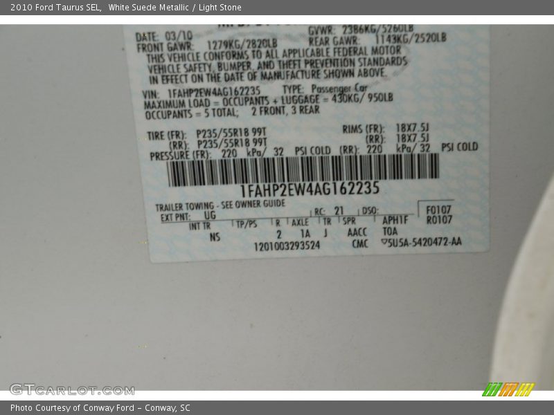 White Suede Metallic / Light Stone 2010 Ford Taurus SEL