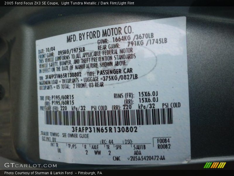 2005 Focus ZX3 SE Coupe Light Tundra Metallic Color Code DV