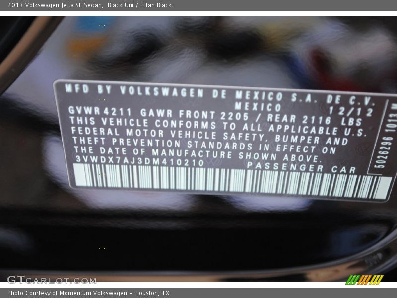 Black Uni / Titan Black 2013 Volkswagen Jetta SE Sedan