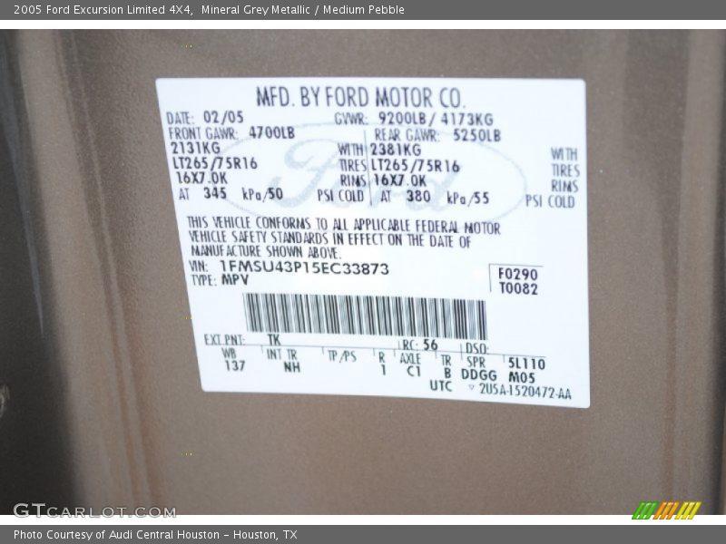 2005 Excursion Limited 4X4 Mineral Grey Metallic Color Code TK