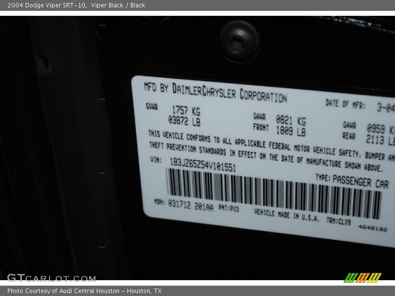 2004 Viper SRT-10 Viper Black Color Code PX3