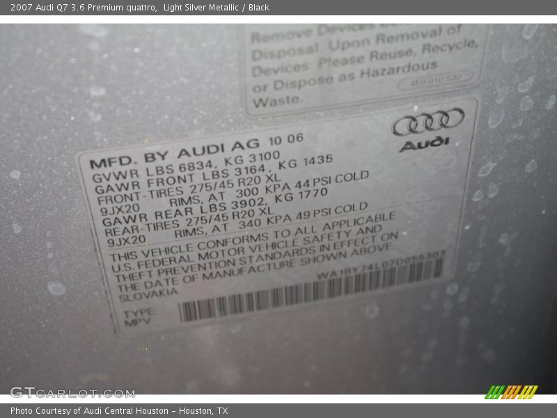 Light Silver Metallic / Black 2007 Audi Q7 3.6 Premium quattro