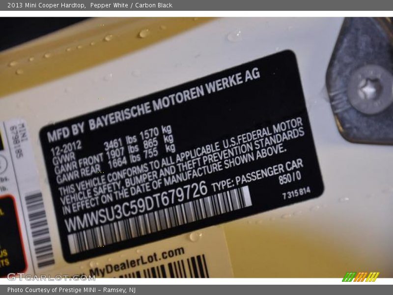 Pepper White / Carbon Black 2013 Mini Cooper Hardtop