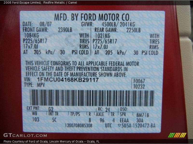 2008 Escape Limited Redfire Metallic Color Code G2